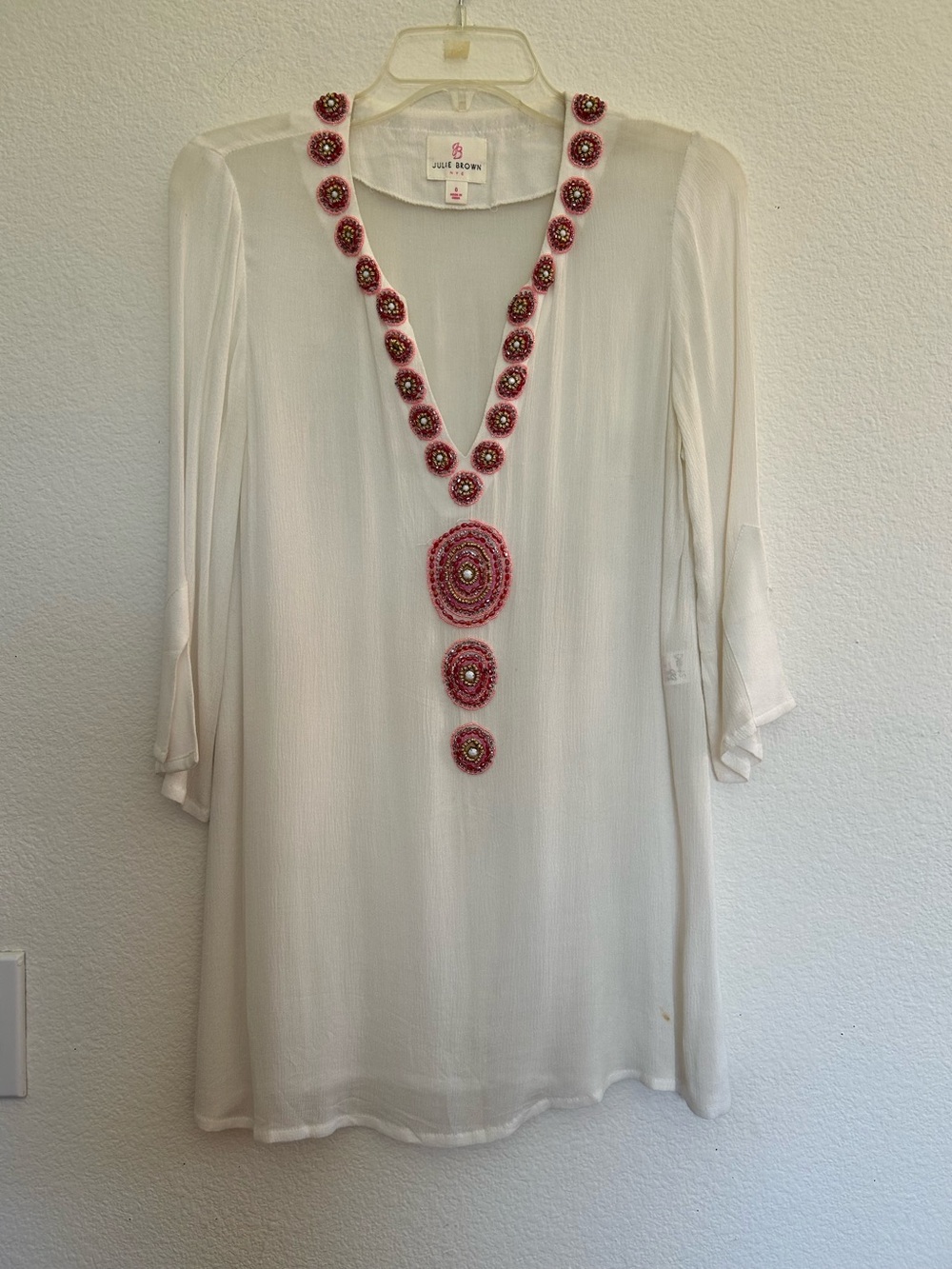 JB by Julie Brown Ivory Tunic with Pink Beaded V-Neck Medallions